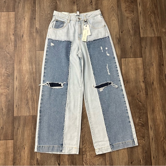 Forever 21 Denim - FOREVER 21 Premium Low Rise Wide Leg Distressed 100% Cotton Denim Jeans Size 27